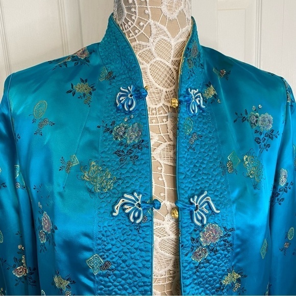 SOLZ SQUIRREL Chinese Reversible Vintage Quilted Floral Jacket Tesl Blue Gold M - Picture 6 of 11